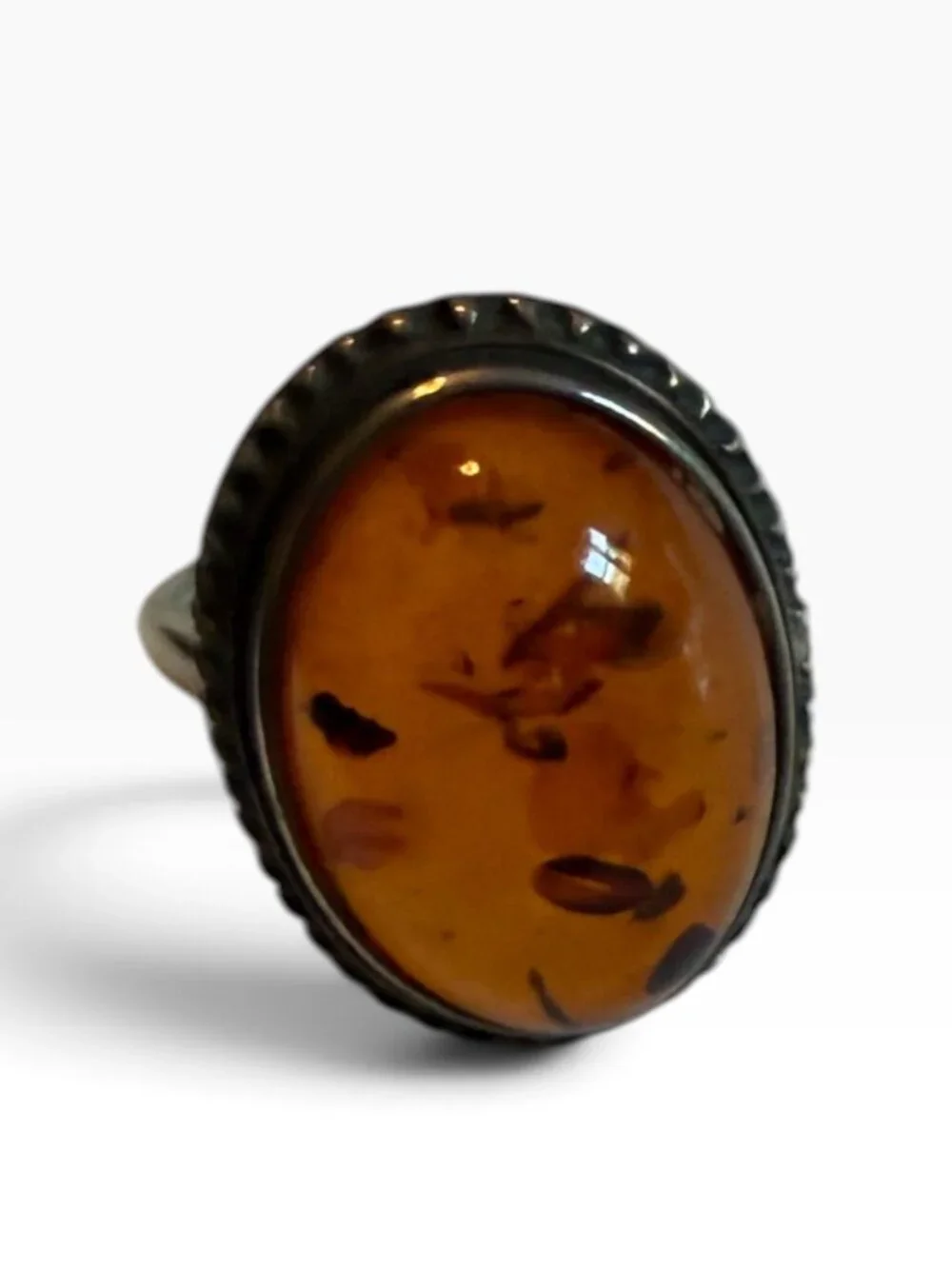 Sterling Silver 925 Amber Oval Statement Ring Size 8 Vintage Style